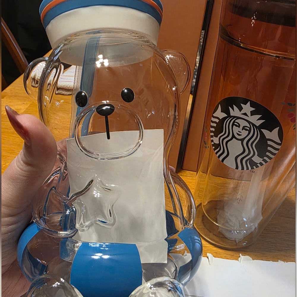 New China Starbucks Summer Seaside Series 27oz Swimming Bear Glass Sraw Cup - Picture 3 of 9